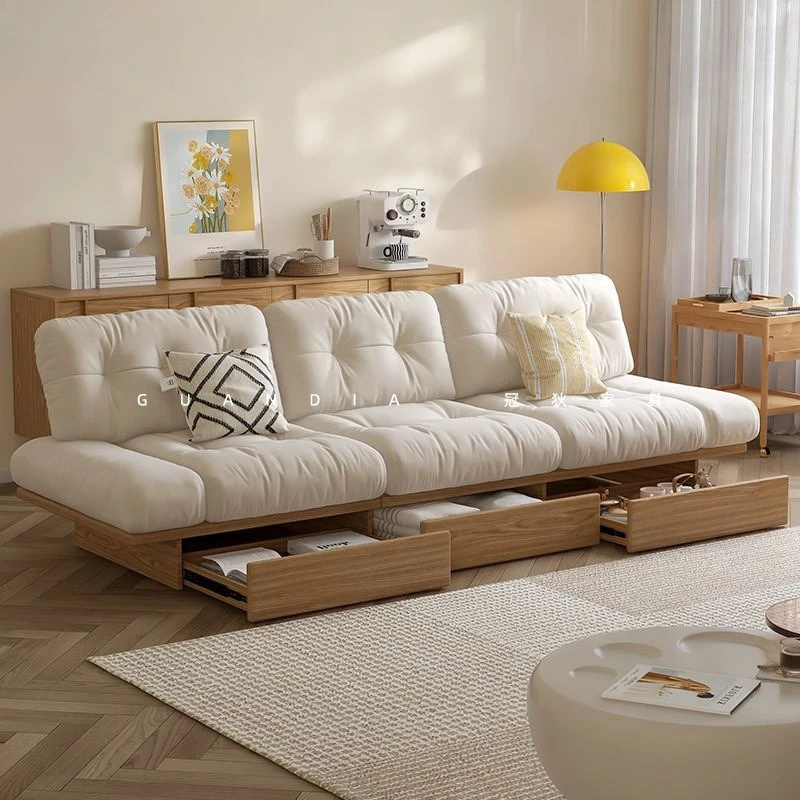 

Cloud cloth sofa small apartment living room solid wood wind modern simple cream wind log floor storage sofa