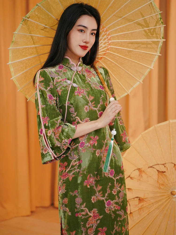 

Chinese Plus Size Green Qipao Evening Dress Printed Hanfu Cosplay Han Costume Cheongsam Traditional Style Cheongsams Dresses