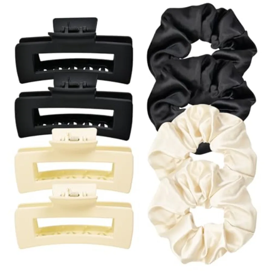 8 Pcs Claw Clips and Hair Scrunchies Set Square Hair Clips for Women, Medium Non-Slip Matte, Large Satin Scrunchies, Hair Acces