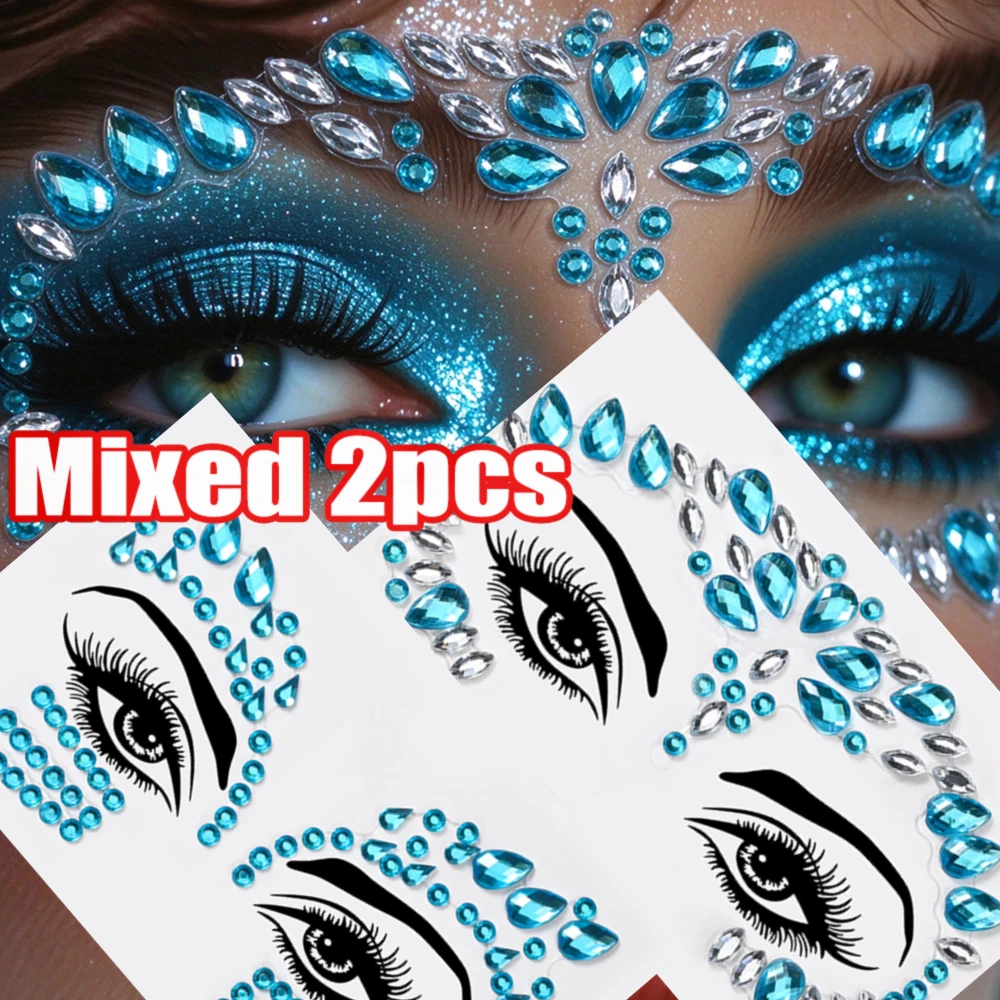 2Pcs/Kit Mixed Christmas Lake Blue Face Rhinestone Sticker Mix Shape Blue Crystals Eye Face Decal Festival Adhesive Gem Slider