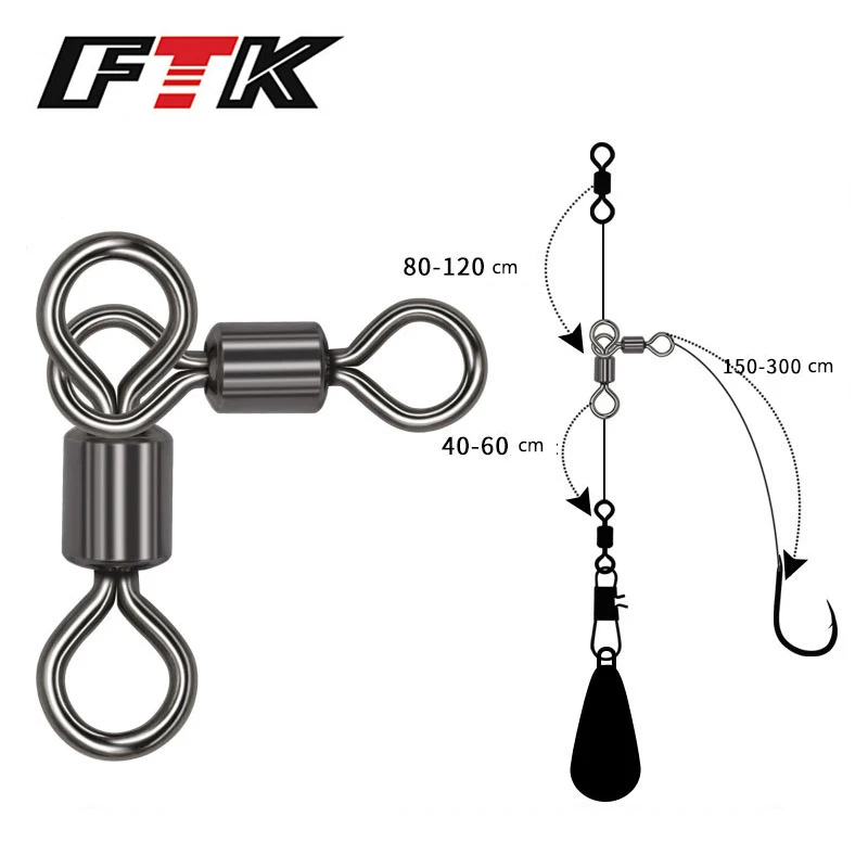 FTK-Pesca Combater Gancho Conector, 3 Way Swivels, Barril Catfish Swivels, Surf Rig, Trolling Catfish Rig, água doce de água salgada, 50pcs