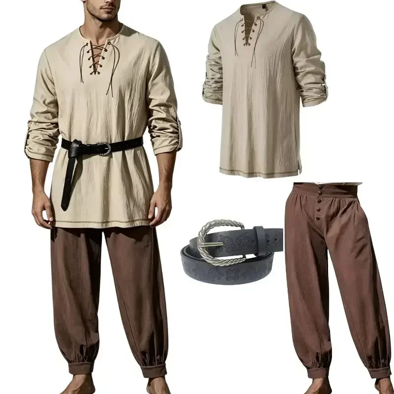 Conjunto de disfraz medieval para hombre, compuesto por tres piezas: camisa de manga larga con cordones + pantalones con cintura elástica + cinturón. Traje de cosplay de pirata vikingo de estilo vintage.