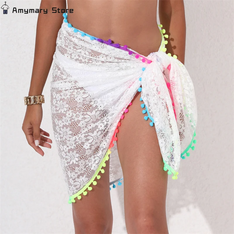 Women's Colored Fringed Lace Summer Beach Shawl Bikini Cover Up Swimsuit Wrap Skirt Sexy Perspective Irregular Split Mini Skirt