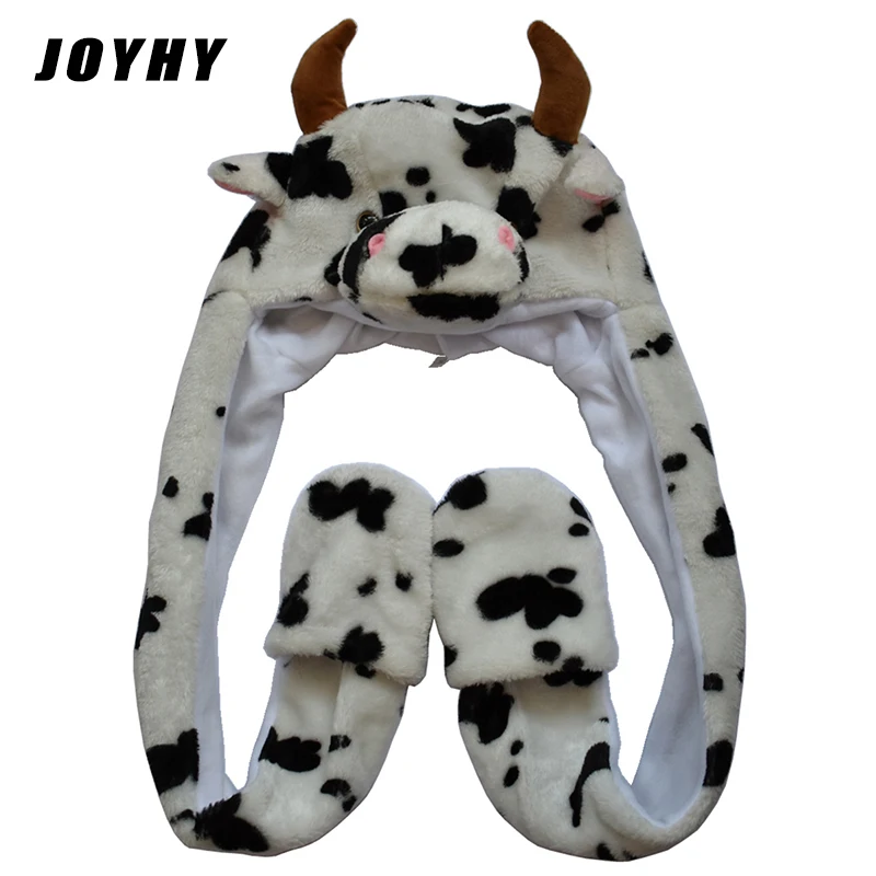 JOYHY Boys Girls Kids Cute White Cow Fluffy Plush Animal Beanie Hats with Paw Gloves Children Halloween Cosplay Christmas Gifts