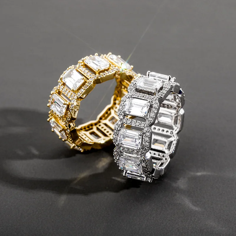 Hip Hop Iced‑Out Ring Rectangle Baguette CZ Full Paved Gemstone Band Ring Hiphop Trendy Rap Stage Finger Jewelry Wholesale