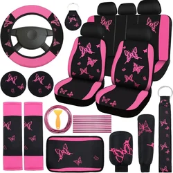 Pink Butterfly Car Seat Cover Set: 5 Pieces for Front and Rear Seats, Wristbands, 2 Cup Coasters, Armrest Cushions, 2 Seatbelt C