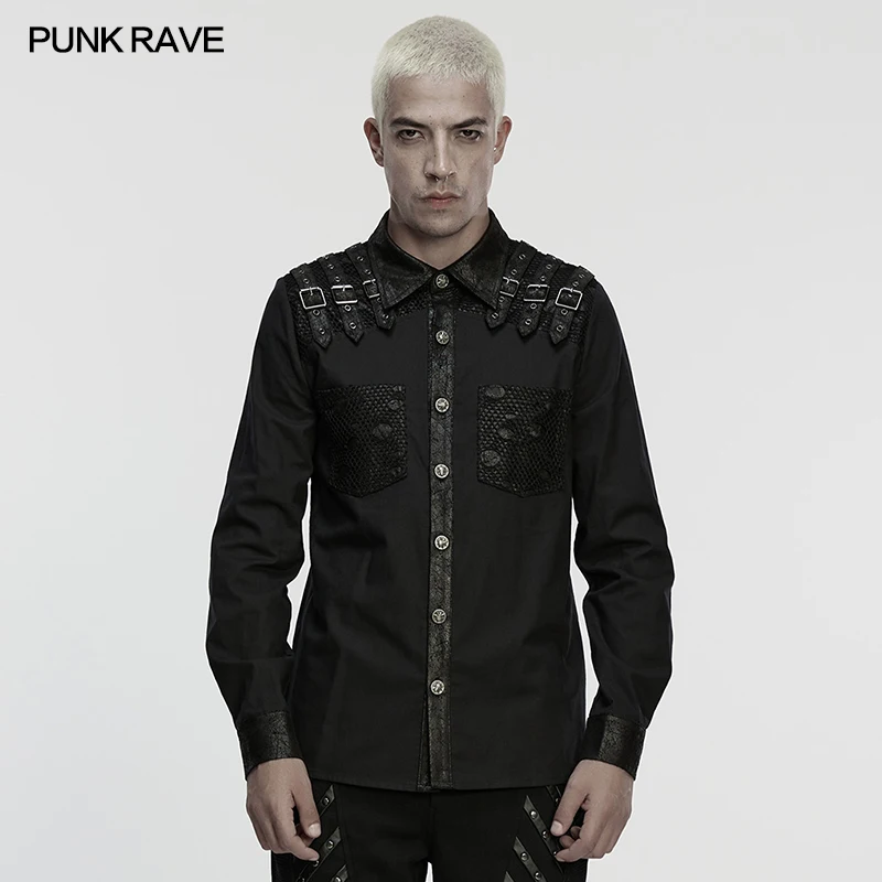 PUNK RAVE Men's Punk Street Rock Cracked Faux Leather Irregular Tattered Mesh Splicing Shirt Gothic Skull Shaped Buttons Tops