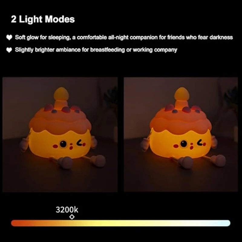 เค้กวันเกิดน่ารักโคมไฟกลางคืน USB ชาร์จโคมไฟนอน 2 ระดับความสว่างปรับสําหรับ Night Light-AT64