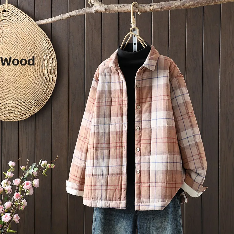 

Retro Plaid Collar Cotton irt Women's Autumn Winter Lightweight Warm Loose Casual Cotton Jaet Collar Long Sve