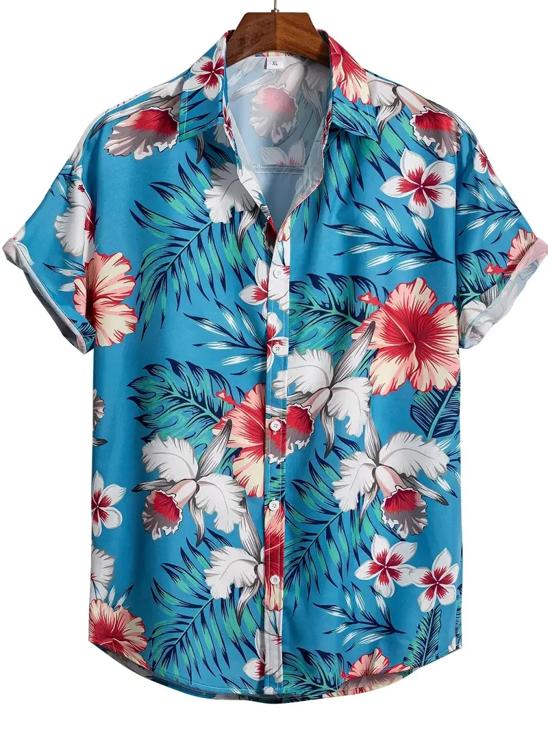 

Floral print men summer fashion simple short sleeve button casual lapel simple shirt, fashionable, suitable for dating, beach va