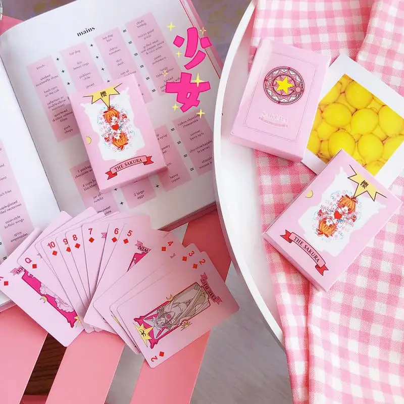 Kawaii Card Captor Sakura Poker Cartoon Pink Series Playing Cards Party Game Props Japanese Anime Peripheral Multiplayer Toys ﻿