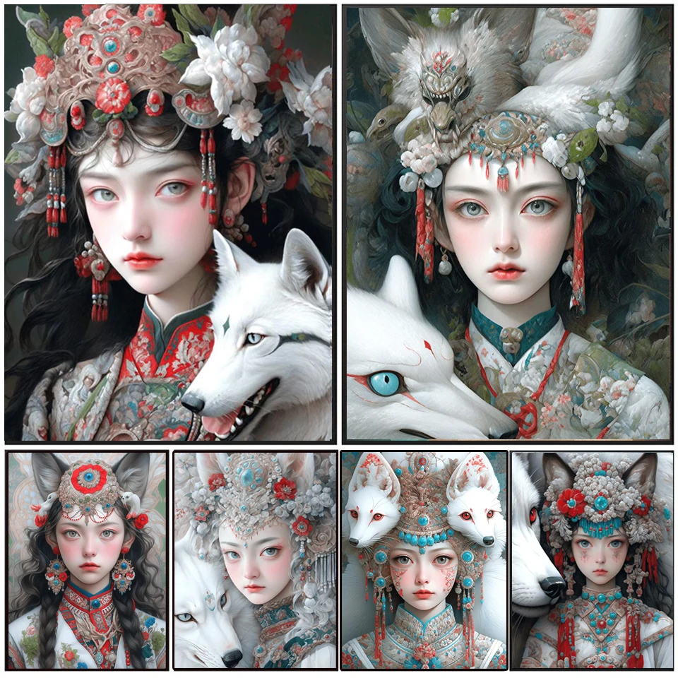 5D DIY Diamond Painting Fox Tribe Girl Mosaic Diamond Embroidery Painting Full Round Rhinestone Cross Stitch Home Decor H447