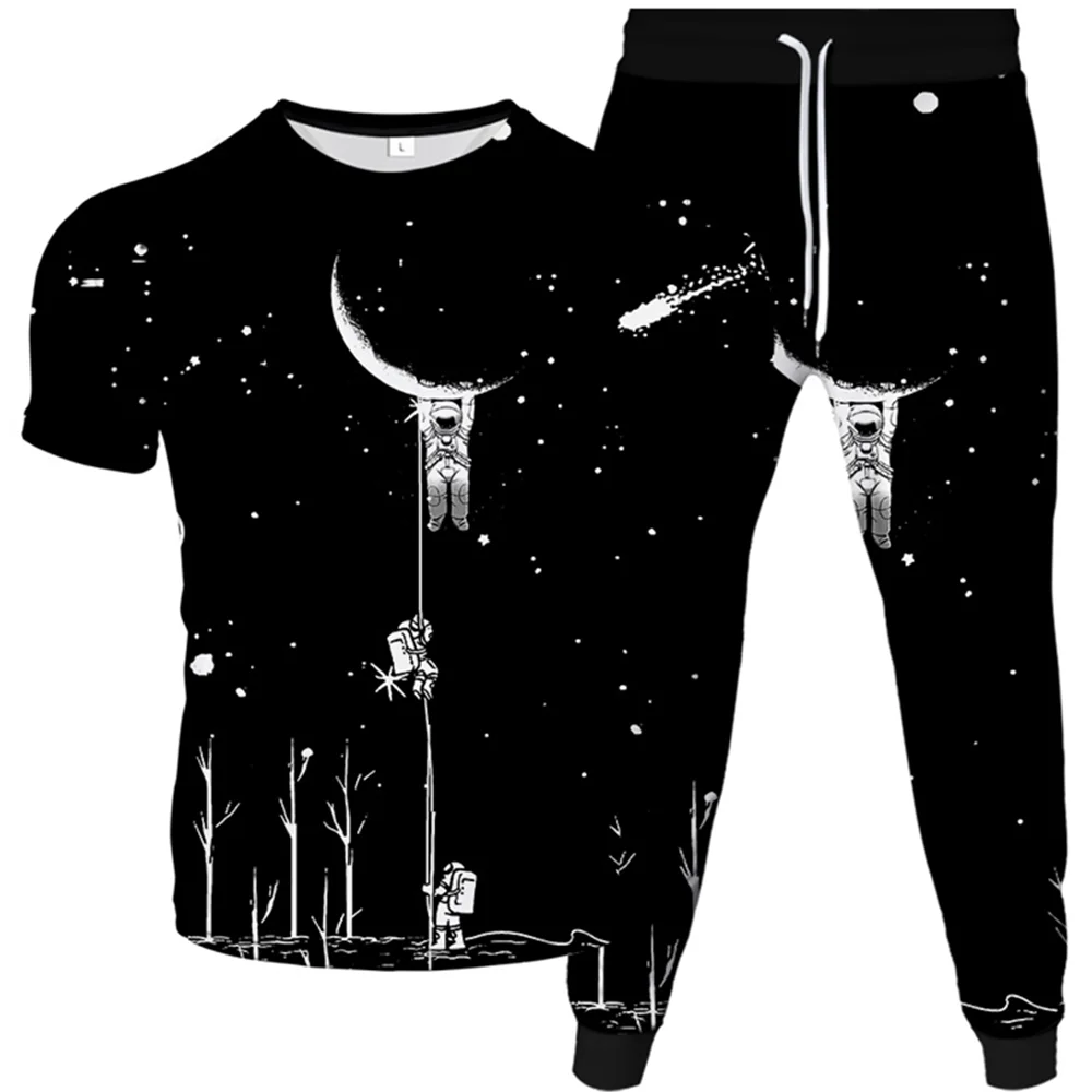 T-Shirt+Trousers 2pcs Set For Men Women Color Galaxy Planet Astronaut Black Hole Star Moon 3D Print Tracksuit Oversized Clothing