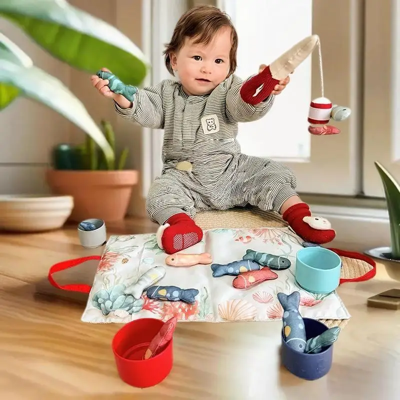 Juguete Montessori para niños pequeños que combina con conteo de números, clasificación de colores con juego de pesca de tela y tazas apilables