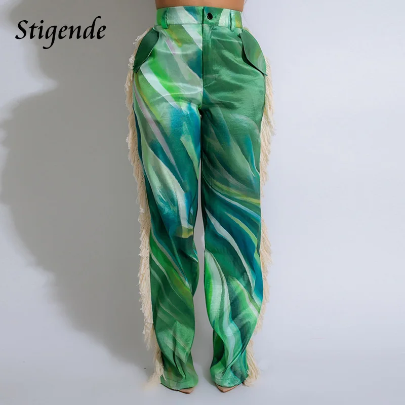 Stigende Women Patchwork Tassel Straight Pants Print Pocket Wide Leg Pants