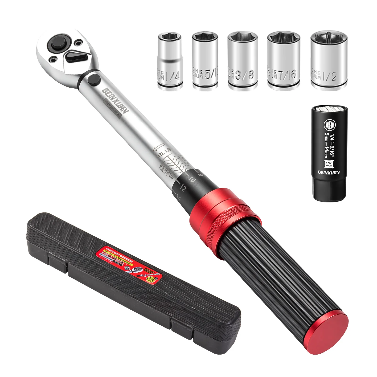 Geinxurn 7PCS 1/4 Industry Torque Wrench -S/M With Electroplating Sleeve & Universal Socket Set For Motorcycle Maintenance