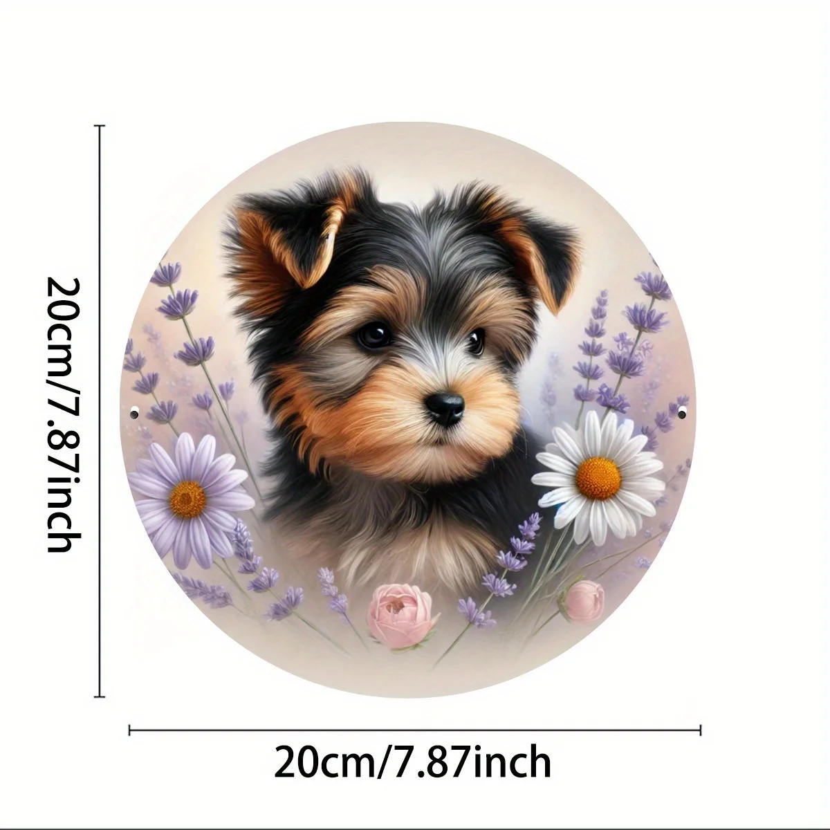 1pc Yorkshire Terrier Puppy Metal Sign with Floral Wreath Design - Round 2D Flat Printed Iron Wall Art for Home, Garden, Cafe, B
