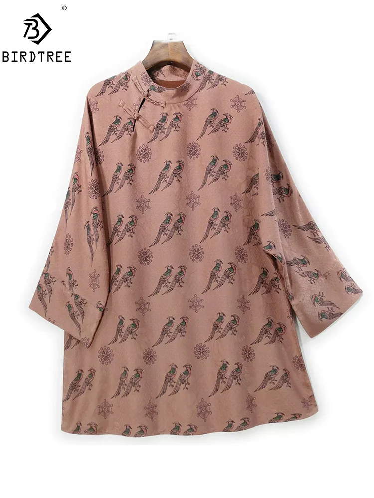 

BirdTree, 32MM Watered Gauze Silk T-Shirt, Women Stand Neck Birds Print, Commute Chinese Blouse, 2024 Summer New Tops T45356QM