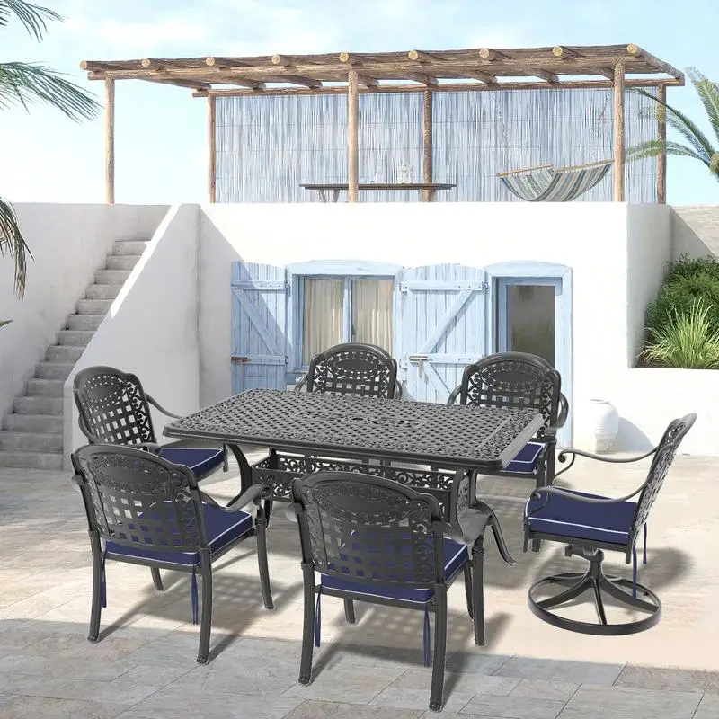 

7-Pc All-Weather Cast Alumin. Dining Set w/ 2 Swivel Chairs, 4 Dining Chairs & Rect. Table, Black Frame