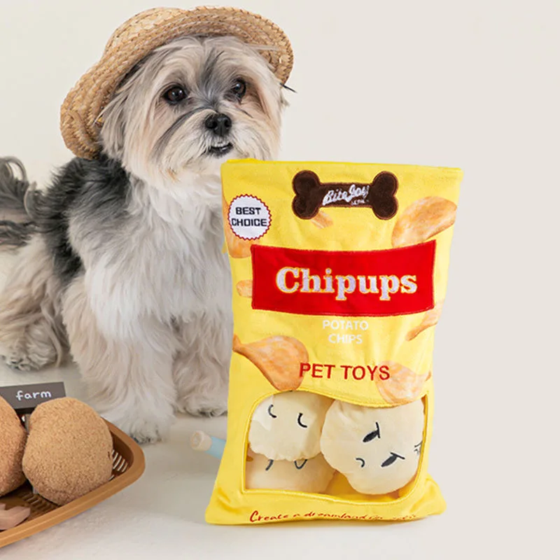 Jouet à mâcher en peluche pour animaux de compagnie, chips de pommes de terre, hamburgers, ensemble de bière, son, jouet exécutif, degré de morsure coule, meulage des dents, fournitures d'entraînement