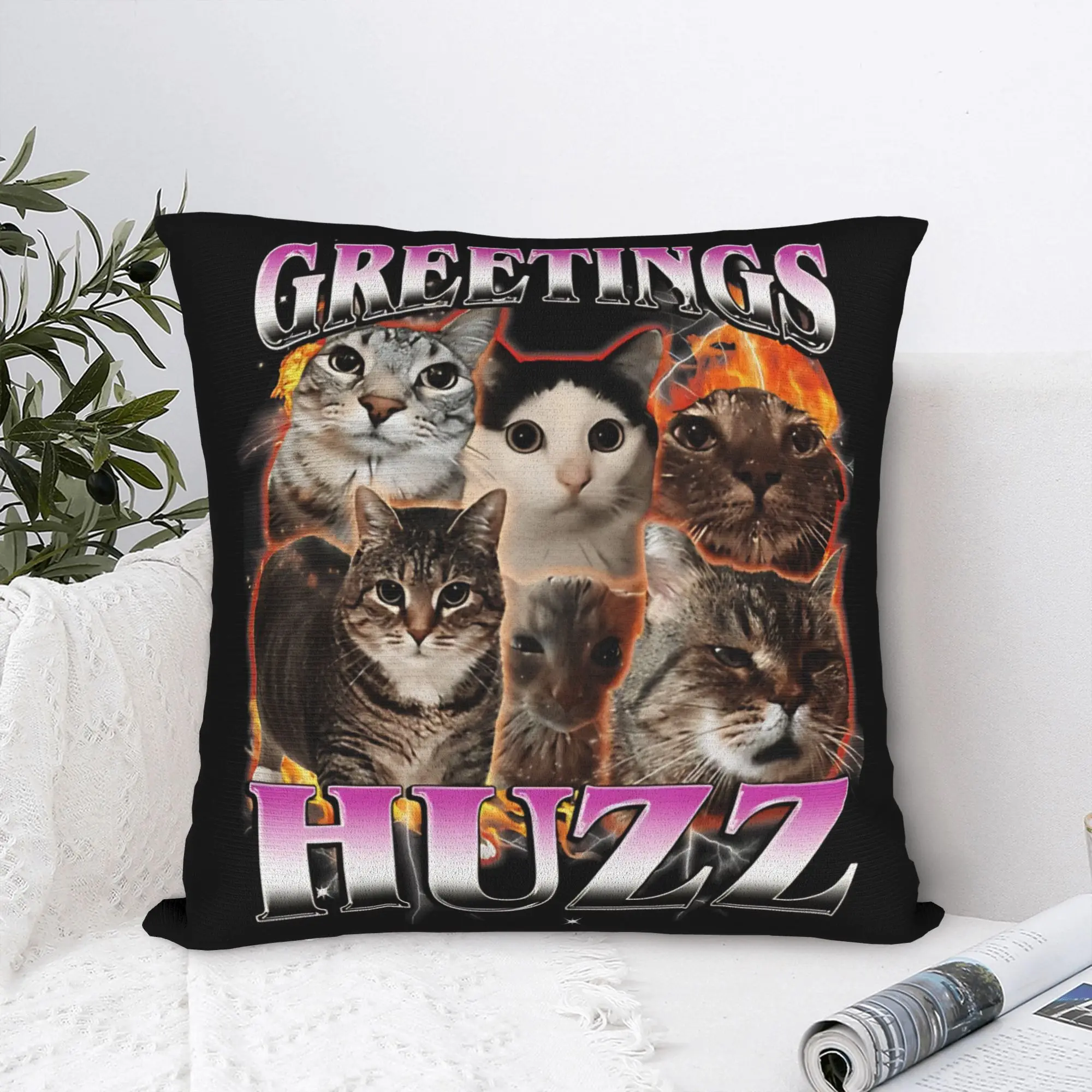 Greetings Huzz Funny Cat Meme Chaos Collage Pillow Cover  Morden Pillow Case For Chair Sofa Home Decor Square Cushion Cover Gift