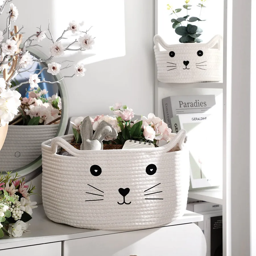 Cat Cotton Rope Woven Desktop Storage Basket Egg Bunny Baskets For Kids With Cute Ears Decorative Toys Sundires Cosmetics Holder