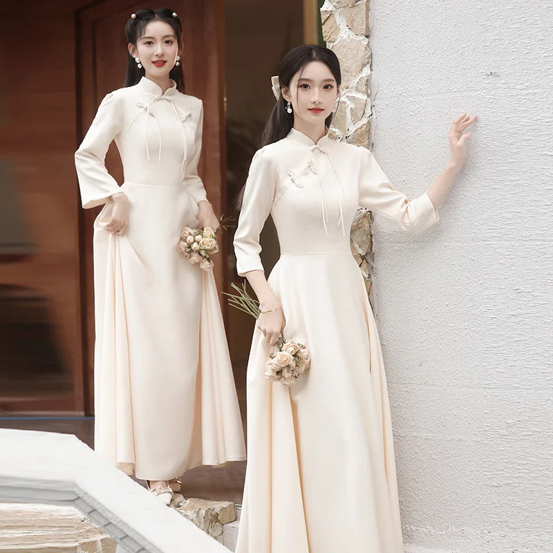 Elegant Champagne Women's Chinese Style Bridesmaid Dress New Spring Group Slimming Niche Long Sleeve Evening