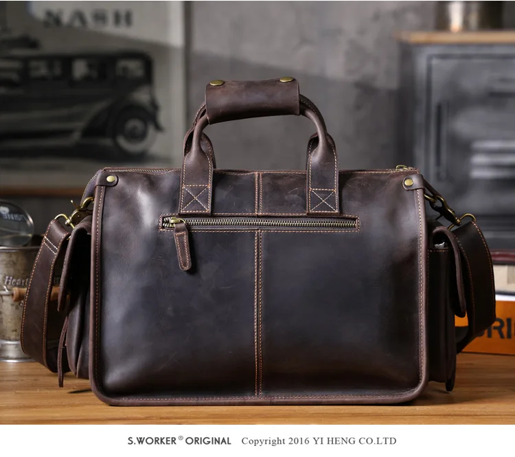 Designer handmade Crazy Horse cowhide กระเป๋าเอกสารผู้ชายแล็ปท็อปกระเป๋าถือ VINTAGE ของแท้หนังกระเป๋า Messenger ความจุขนาดใหญ่