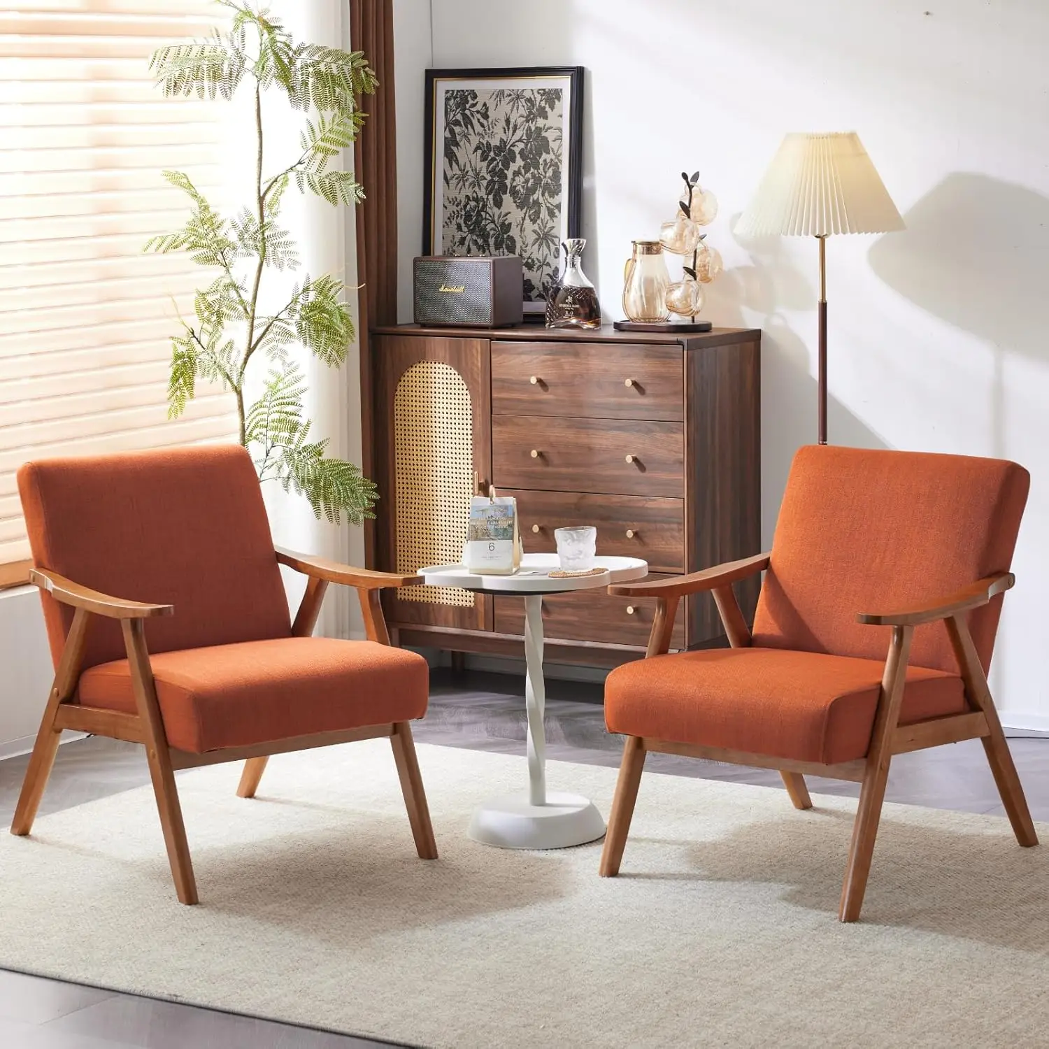 Burnt Orange Accent Chairs Set of 2, Retro Mid Century Lounge Chairs for Living Room, Sturdy Upholstered Solid Wood Boho