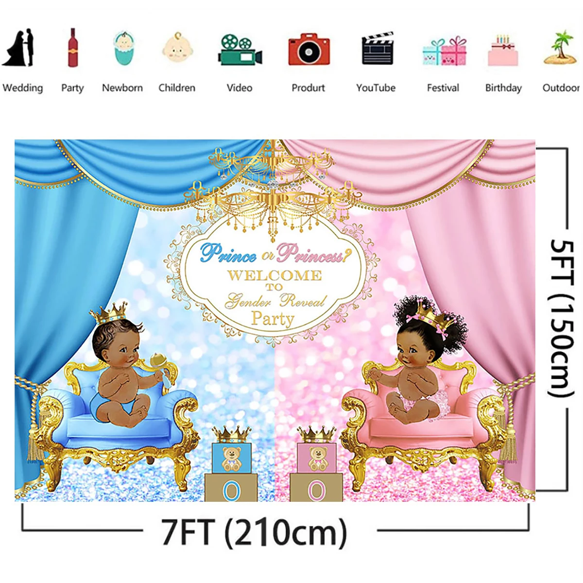 10x6ft Fabric Prince or Princess Gender Reveal Backdrop Royal Pink or Blue Curtain Photography Background Family Party Banner