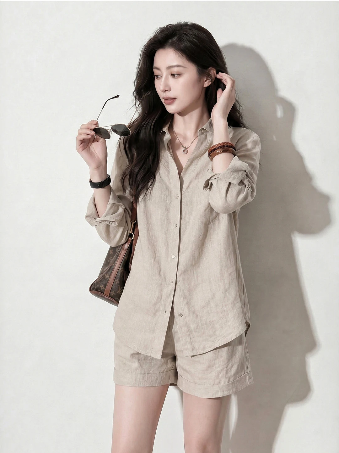 Linen Cotton Blend Women's Shirt Set Summer Loose Fit Sun Protection Casual Style Mid-Length Long Sleeve Button-Up Outfit