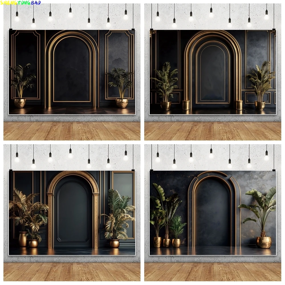 Boho Black Arched Photography Background Vintage Europe Wall Golden Line Maternity Dresses Wedding Party Decor Photo Backdrop