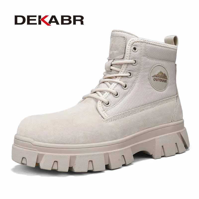 DEKABR Autumn Winter Mens Full Grain Leather Ankle Boots Plush Lined Or Thin Style Anti Slip Rubber Thick Sole Urban Footwear