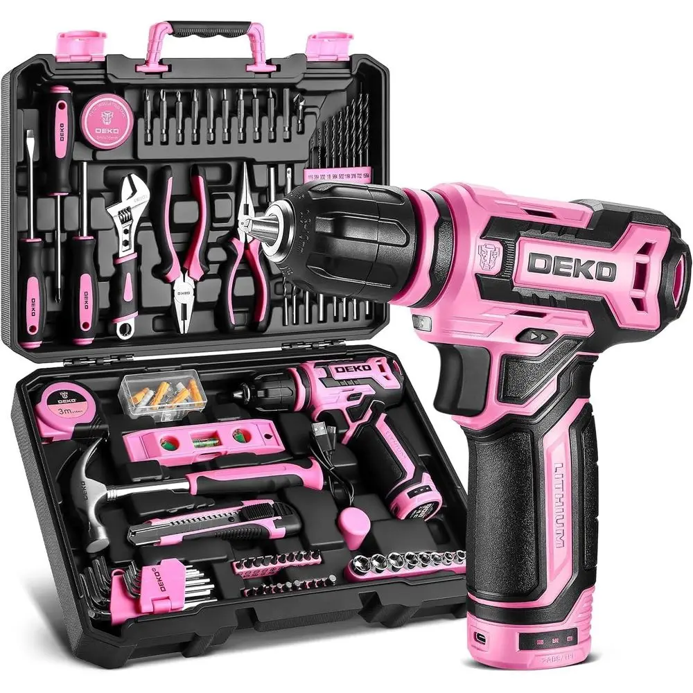 

12V Cordless Pink Drill Set with Tool Kit for Women's Home Repair