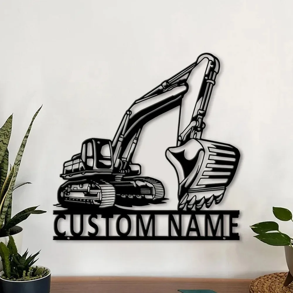 1pc 2D Flat Custom Excavator Metal Wall Sign Personalized Name Wall Art Decor For Construction Lover Garage Indoor Outdoor Ornam
