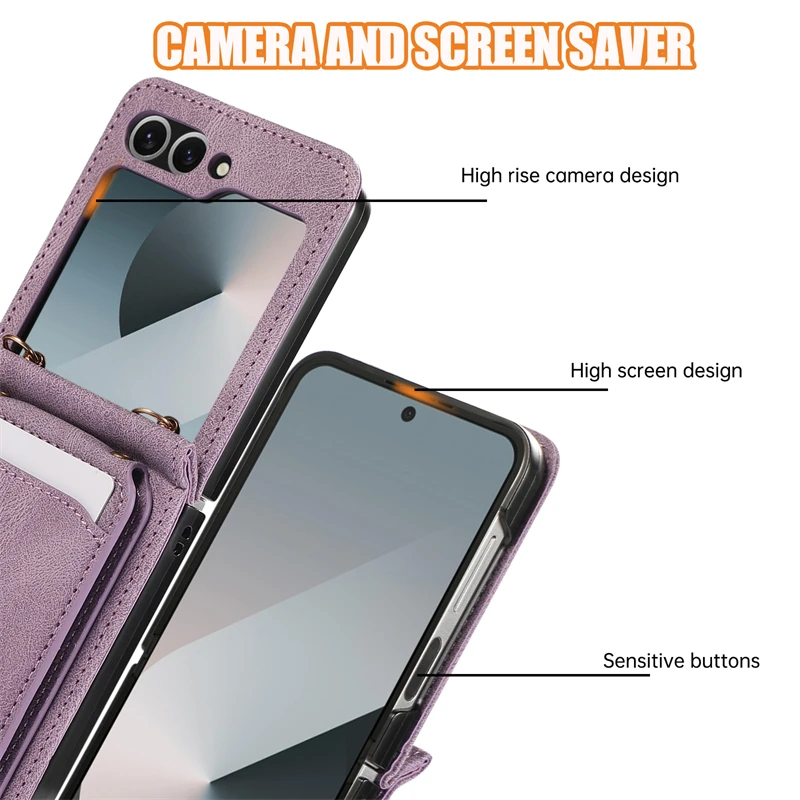 Leather Wallet Card Holder Case for Samsung Galaxy Z Flip 7 6 5 4 3 ZFlip Flip6 Flip5 Flip7 with Crossbody Lanyard Bag Cover