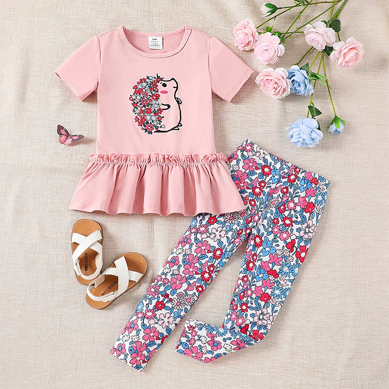 2pcs Set for Girls Summer Vacation with Cute Floral Prints, Knitted round Neck Short Sleeved T-shirt, Slim Fit Leggings