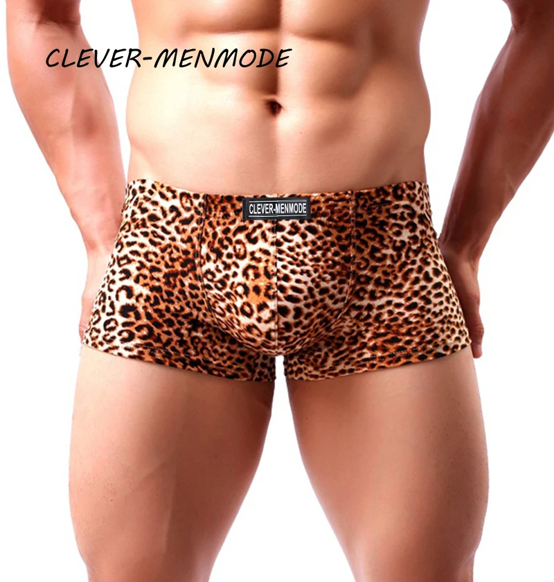 CLEVER-MENMODE Mens Sexy Leopard Boxer Hot Underwear Trunks Exótico Estilo Selvagem Calcinha Masculino Macio Respirável Confortável Cueca Hombre