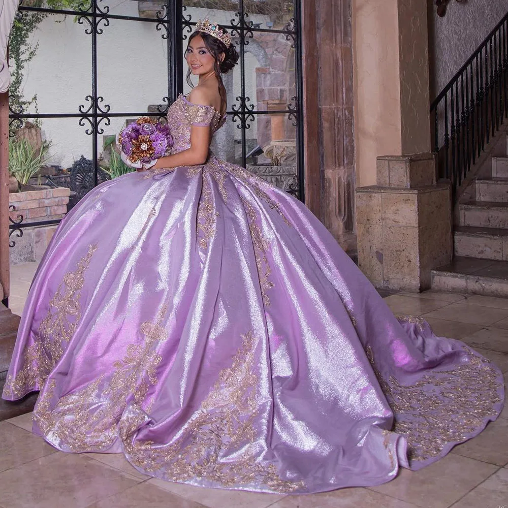 Sparkly Purple Off The Shoulder Ball Gown Quinceanera Dress Beaded Birthday Prom Dresses For Girl Lace Up Back Graduation