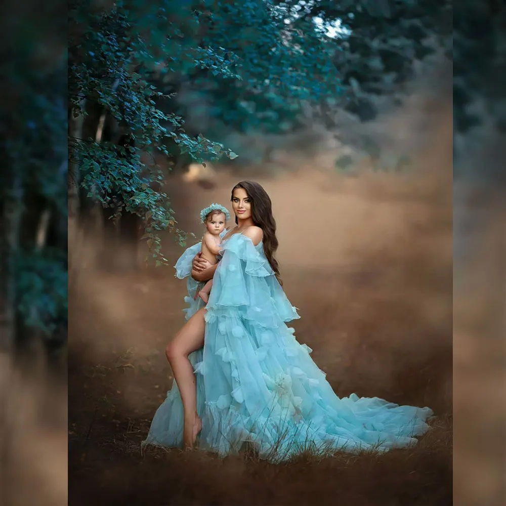 custom 18234#Elegant Blue Organza Ruffled Maternity Dress with 3D Floral Long Train Pregnancy  for Baby Shower Photoshoot 