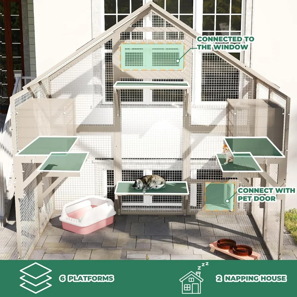حاوية كبيرة للقطط في الهواء الطلق، منزل مشي مقاوم للطقس مع نافذة مرفقة للقطط المتعددة، قفص مقاوم للماء