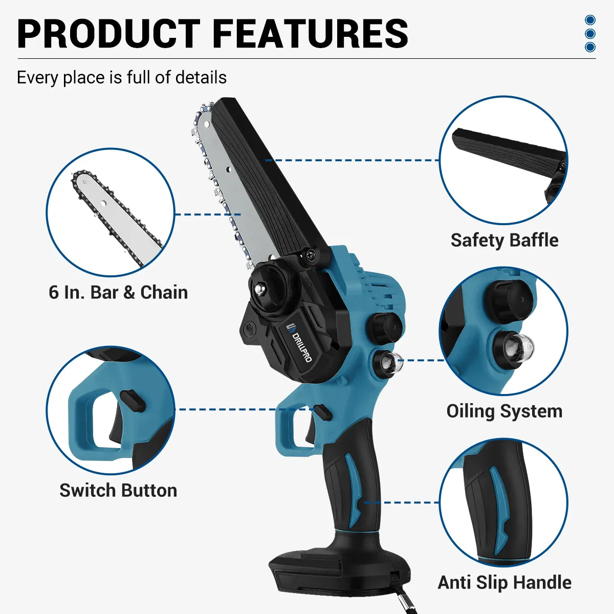 منشار كهربائي لاسلكي Drillpro ، منشار تشذيب الحديقة المحمول باليد ، أداة كهربائية لقطع الخشب ، بطارية ماكيتا 18 فولت ، 6"