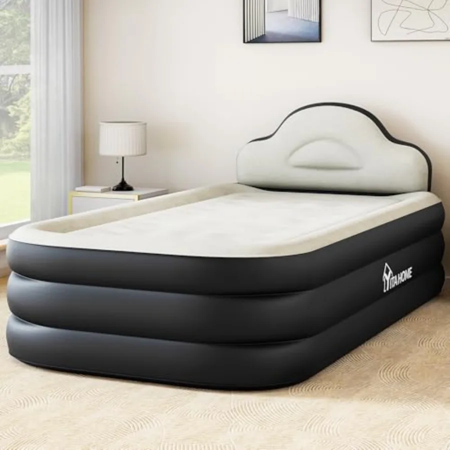 

Twin XL Size Air Bed with Integrated Pump and Headboard 18-inch Blow-Up Mattress Including Extra Inflation Valve Carry Bag and