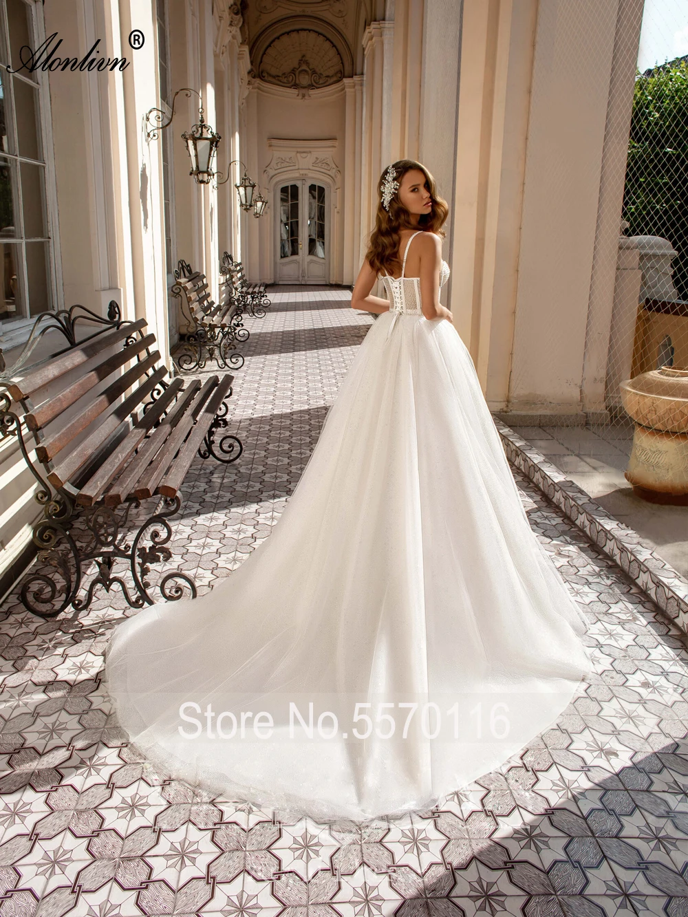 Alonlivn Simple Bling Lace A-Line Wedding Dress With Spaghetti Straps Sweetheart Bridal Gowns