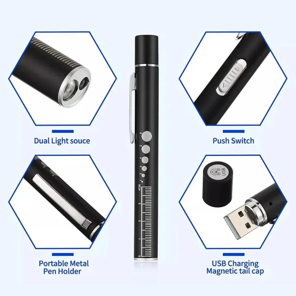 2 in 1 USB Rechargeable Medical Handy Pen Light Nursing Flashlight LED Flashlight With Stainless Steel Clip Pocket Flashlight