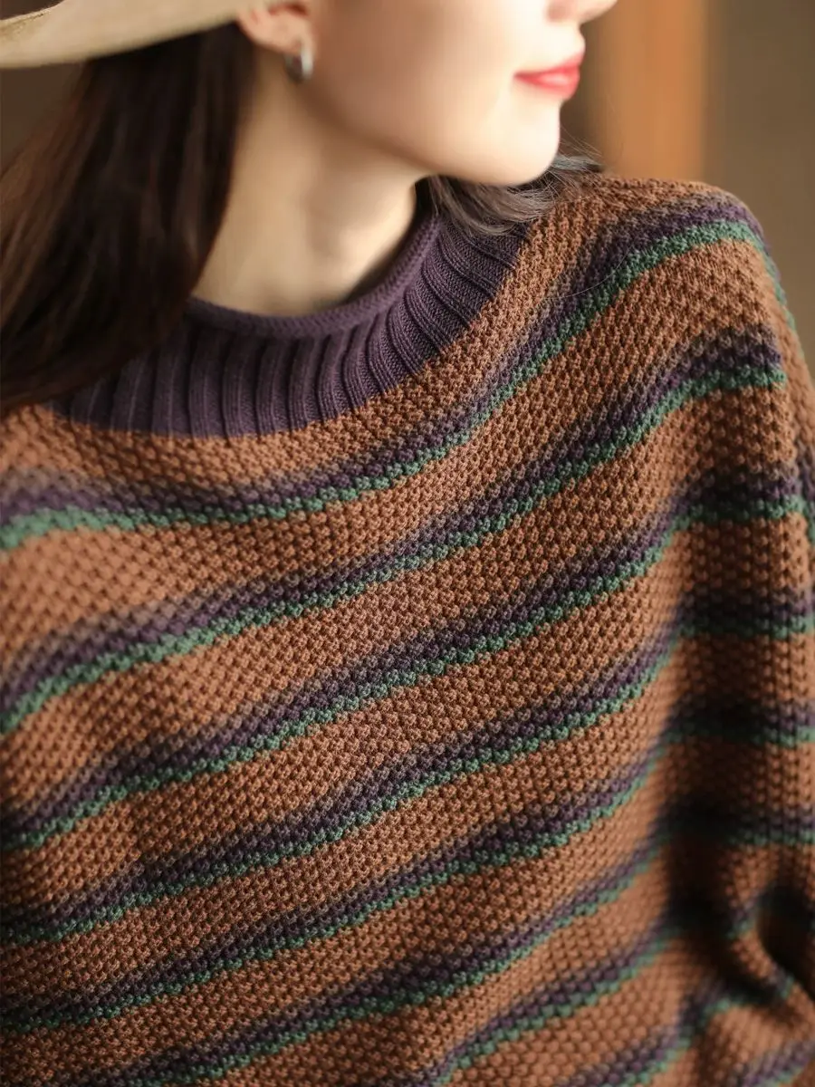 Vintage Fashion Striped Patchwork Women Sweater Autumn Winter Literary Half High Collar Casual Elegant Simple Versatile Pullover