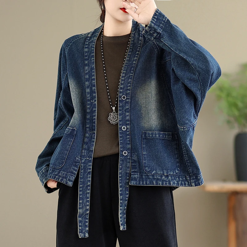 

Effectiveness для похудения, свободная джинсовая куртка Long Sve для женщин, осеннее новое повседневное модное синее джинсовое пальто