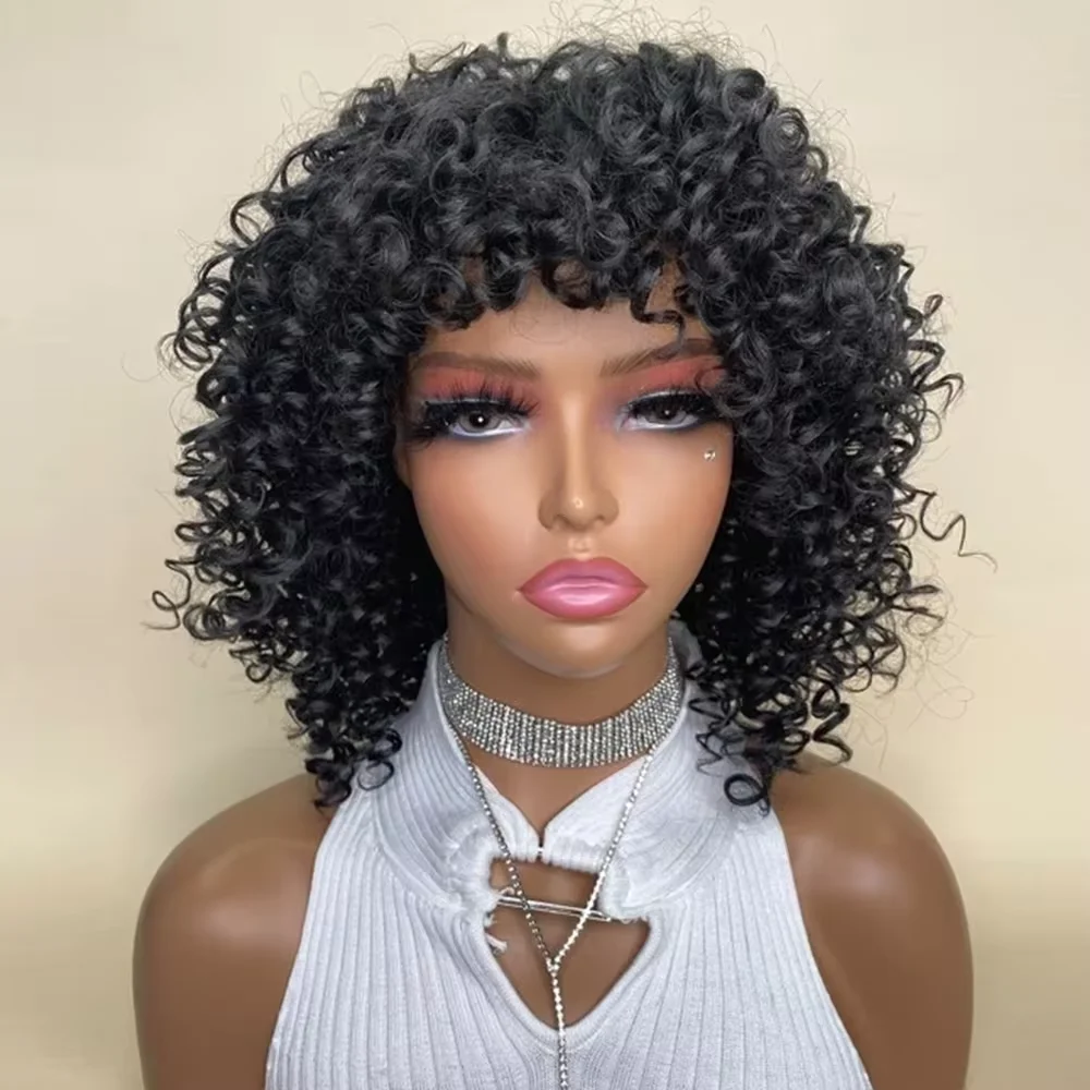 Afro Curly Wig with Bangs Shoulder Length Wigs Curly Black Wig Afro Kinky Curly Wigs Synthetic Wig Curly Full Wig for Women