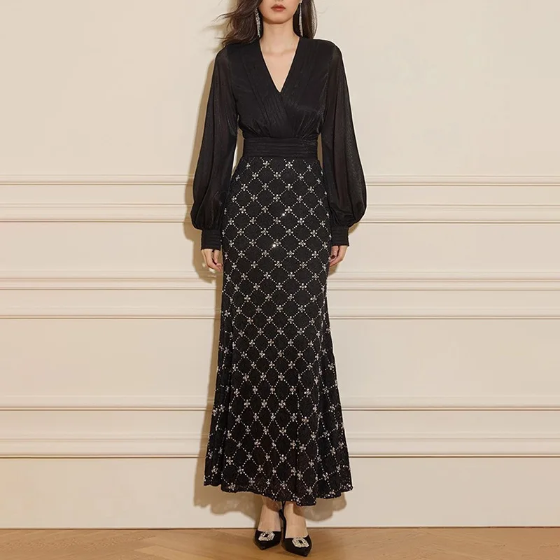 

Elegant Long Sleeved High Waisted Checkered Diamond Inlaid Design Dress V-Neck Lantern Sleeve Slim Office Dresses Female Spring
