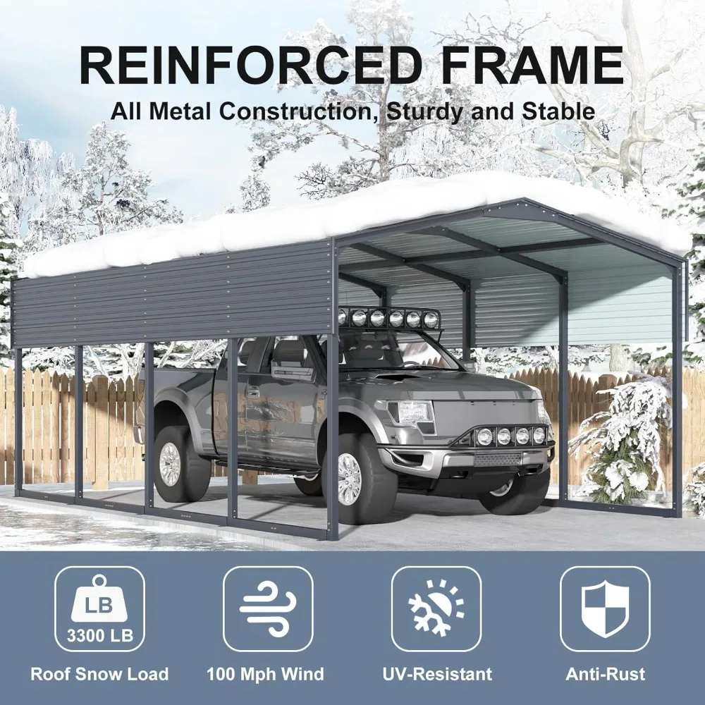 Carport Canopy with Galvanized Steel Frame and Roof, All Metal Carport Garage, Car Shelter for Trucks